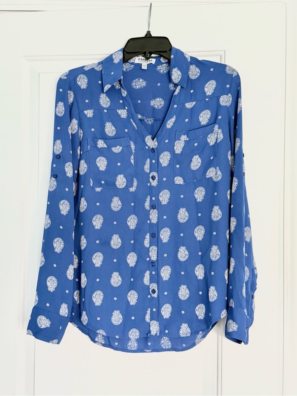 Blue Button-Down Shirt with White Paisley Print